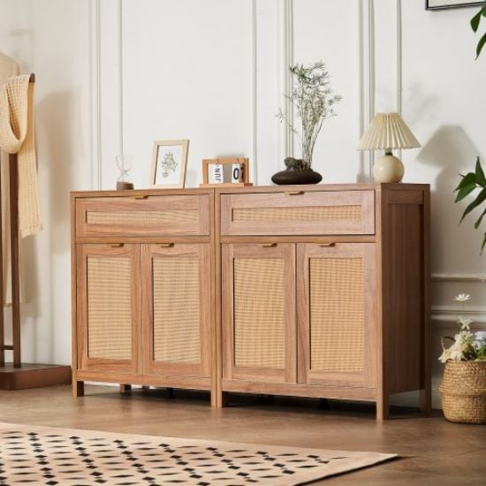 Picture of Rattan Cabinet Storage with 2 Magnetic Doors and Adjustable Shelves Black