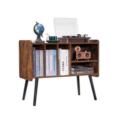 Picture of Record Player Stand 2-Tier Wooden Turntable Stand 3 Cabinets Black & Brown