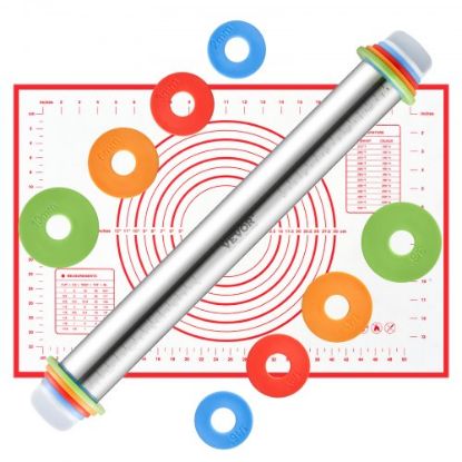 Picture of Adjustable Rolling Pin Stainless Steel with Thickness Rings and Baking Mat