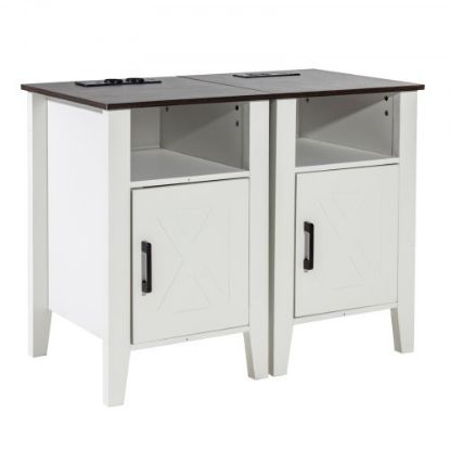 Picture of Farmhouse End Table Night Stand with USB Ports & Outlets 3 Tiers Storage